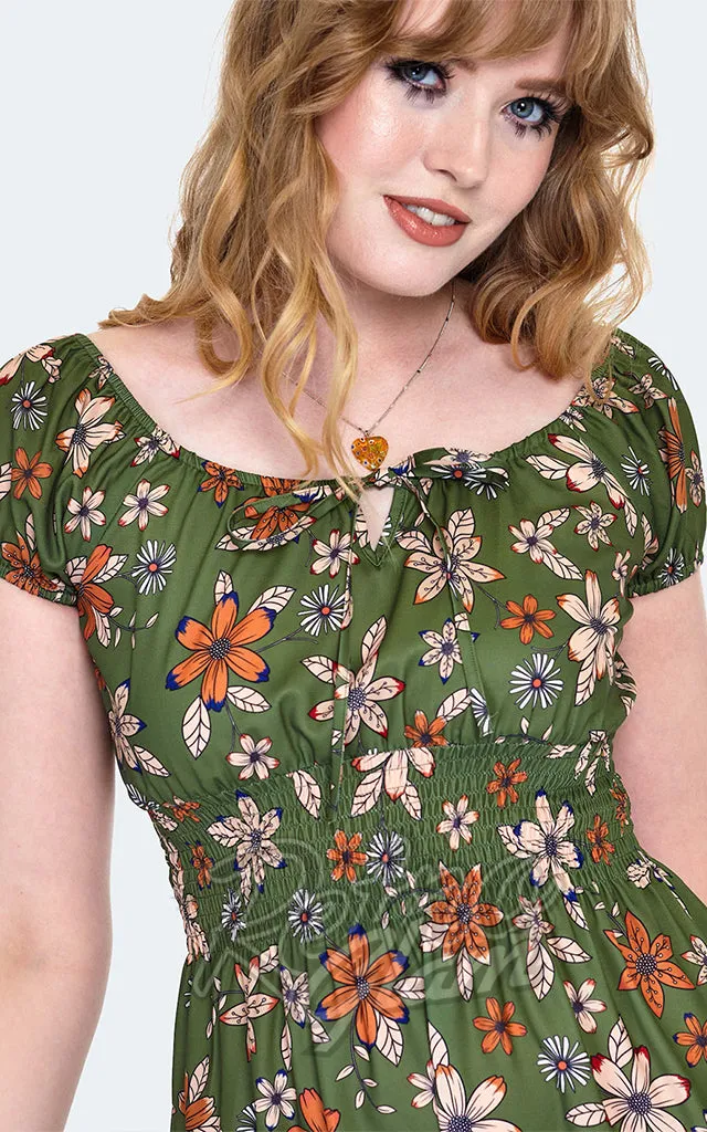 Voodoo Vixen Green Floral Peasant Dress