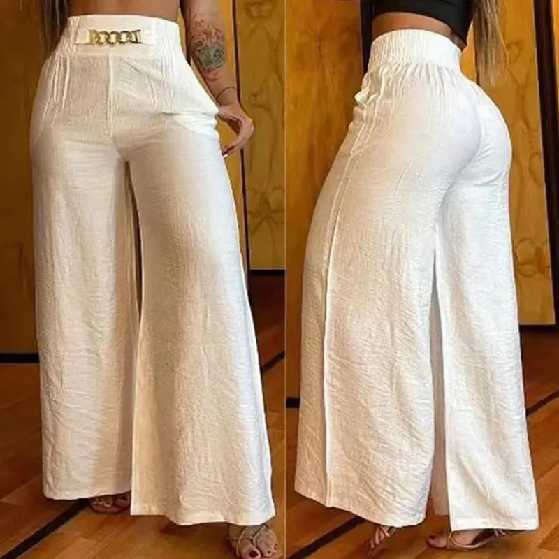 Waist Wide Leg Straight Pants Women Chain High Casual Pocket Design