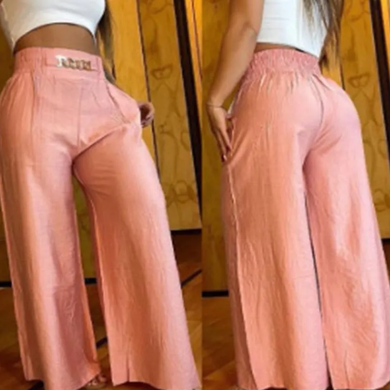 Waist Wide Leg Straight Pants Women Chain High Casual Pocket Design