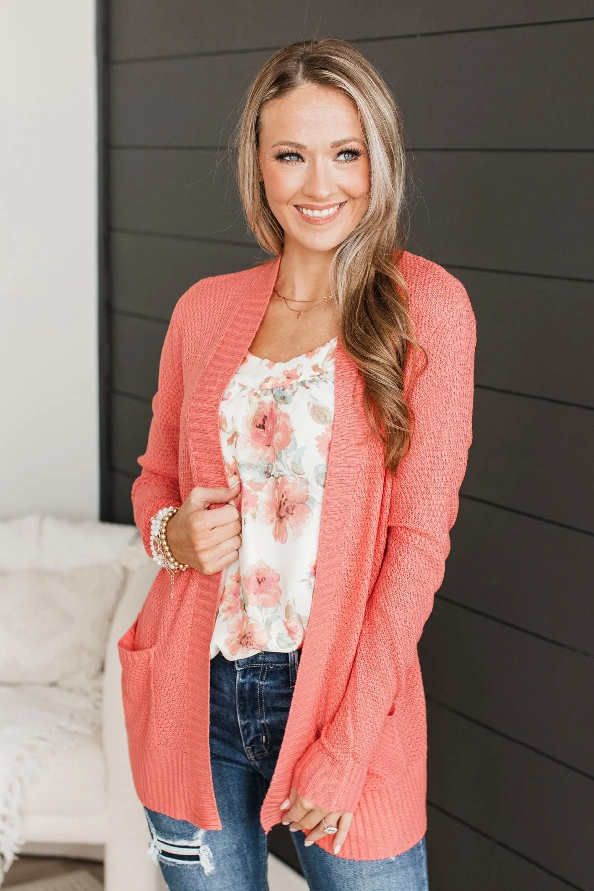 Welcoming To You Knitted Cardigan- Coral