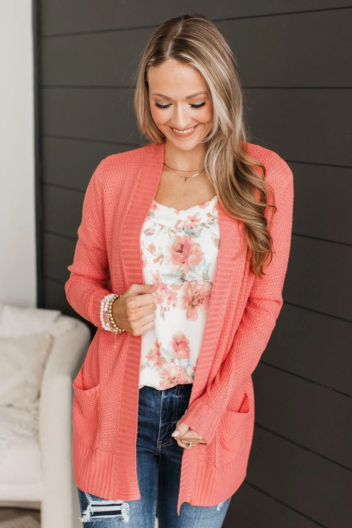 Welcoming To You Knitted Cardigan- Coral