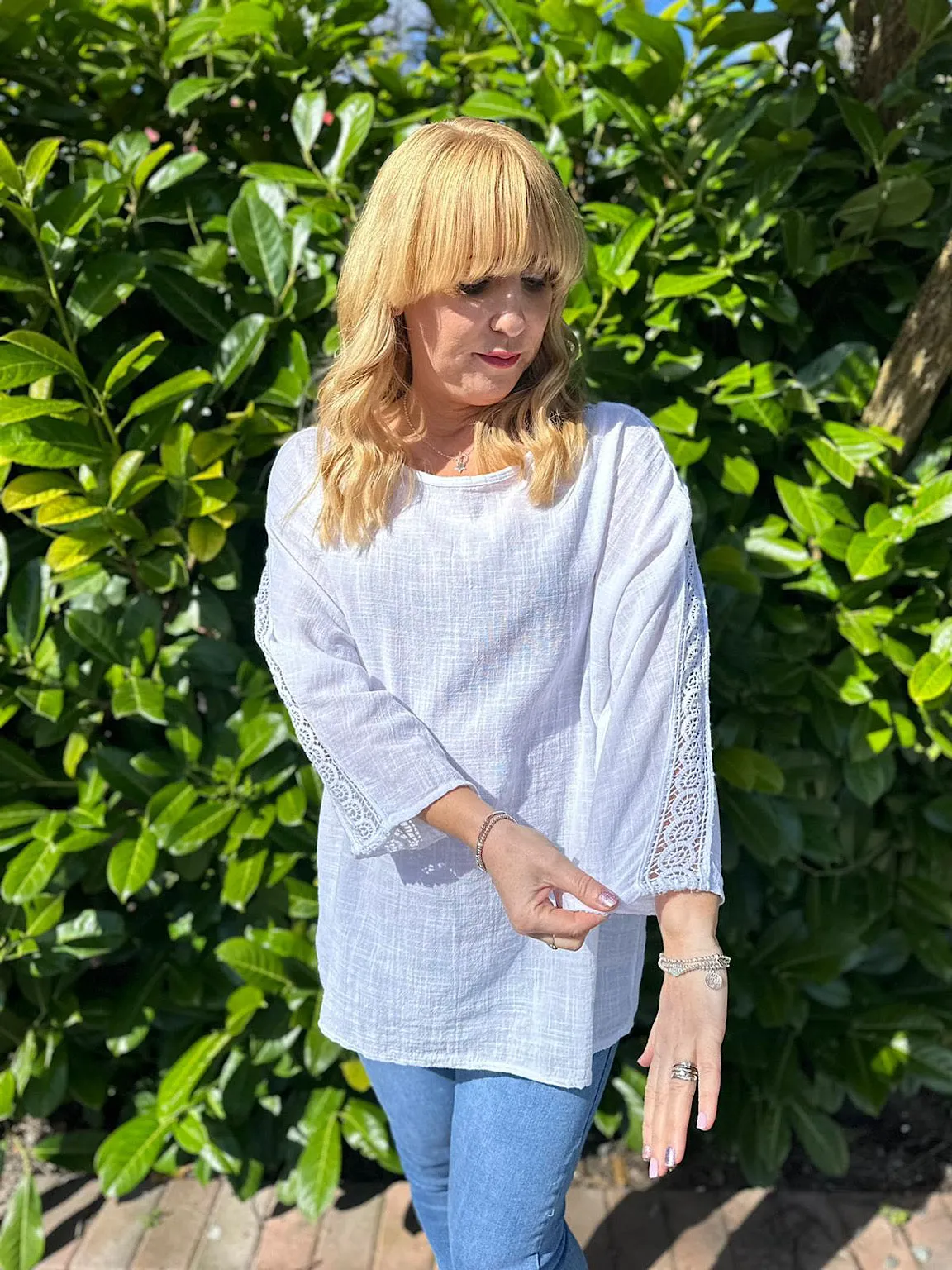 White Crochet Sleeve Lightweight Top Cleo