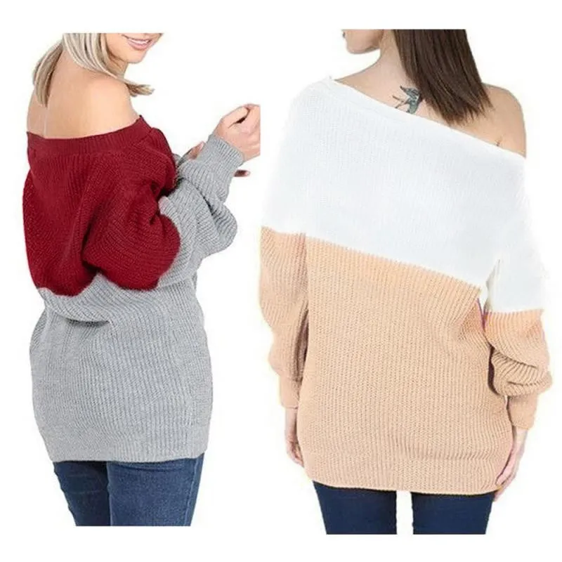 Women Winter Clothing Sweater Patchwork Color Long Sleeve Loose Casual Pullovers Warm Knitwear Poncho Feminino Inverno#B12 SM6