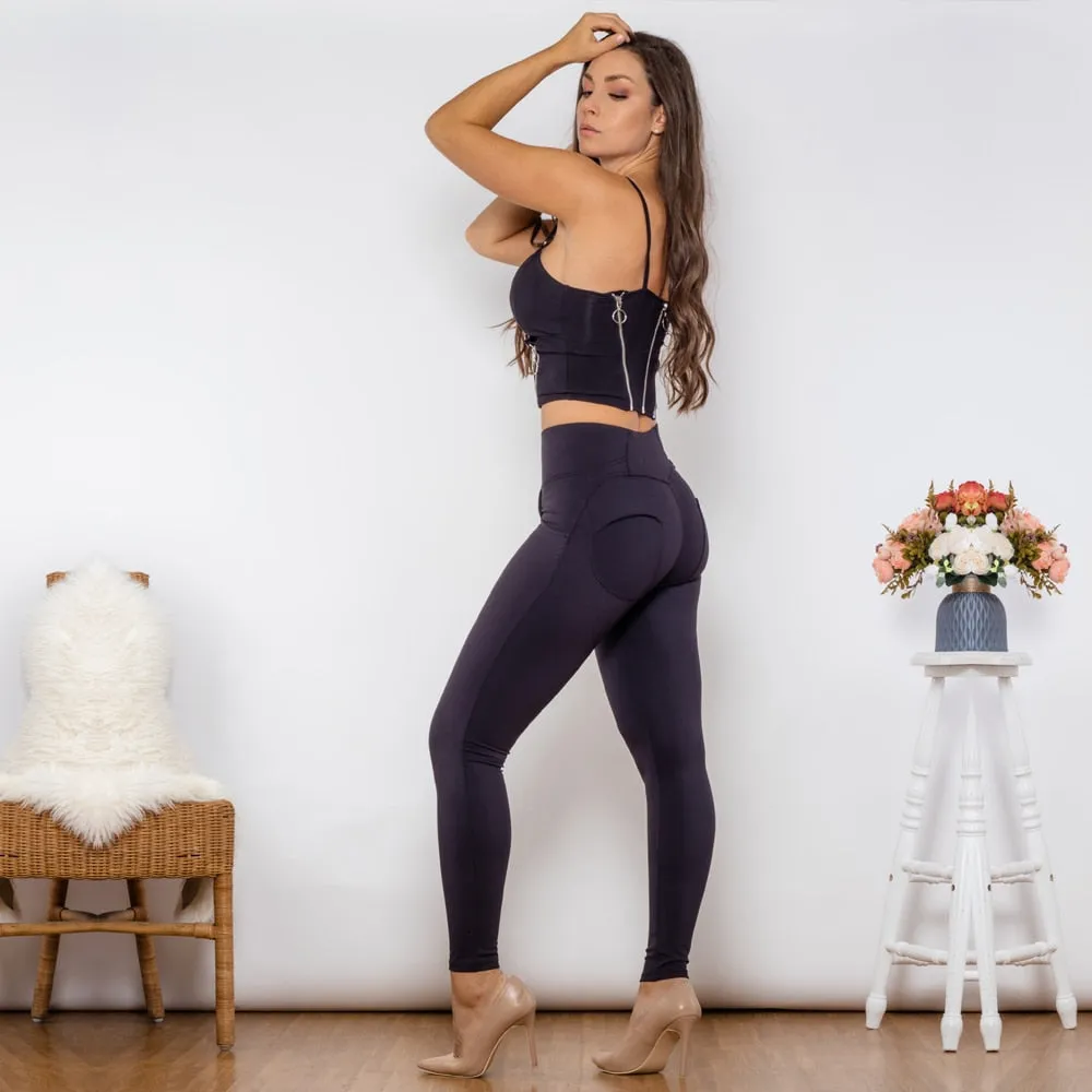 Women's Black Cotton Zipper Crop Top High Waist Butt Lift Leggings 2pc Set