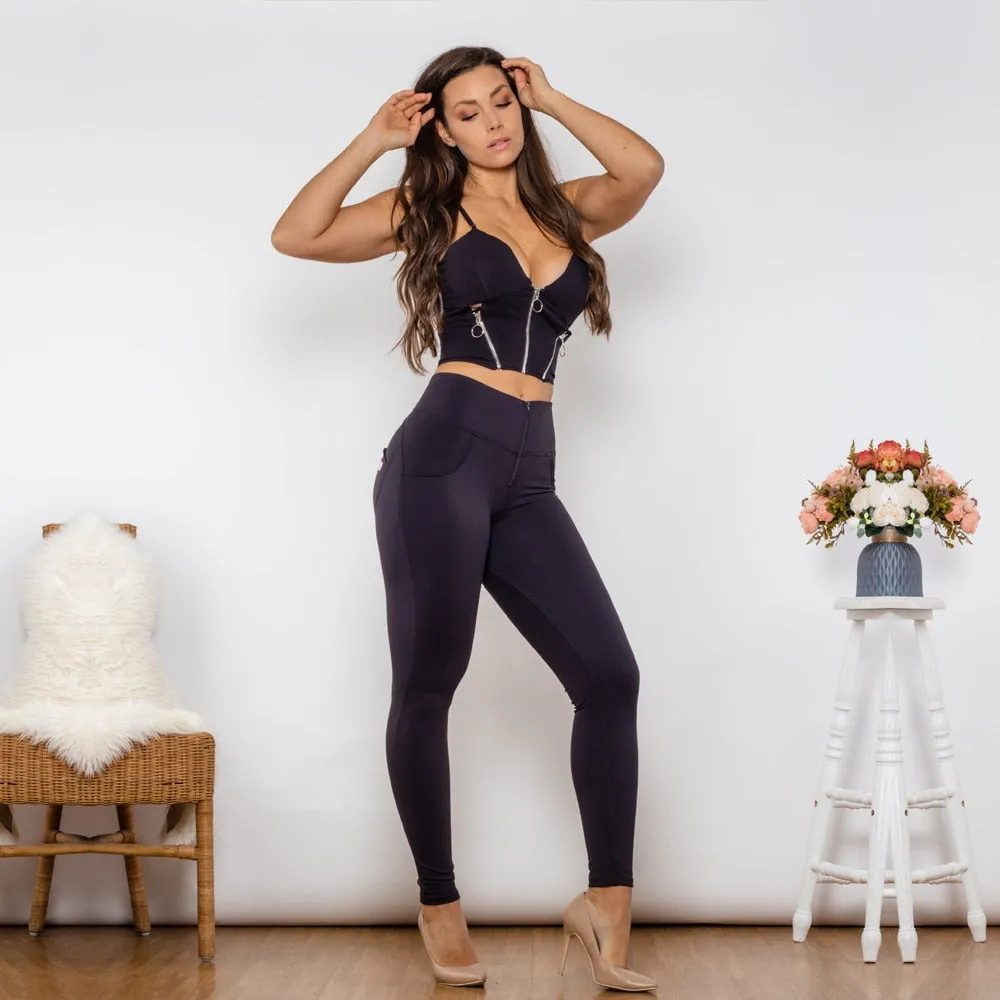 Women's Black Cotton Zipper Crop Top High Waist Butt Lift Leggings 2pc Set