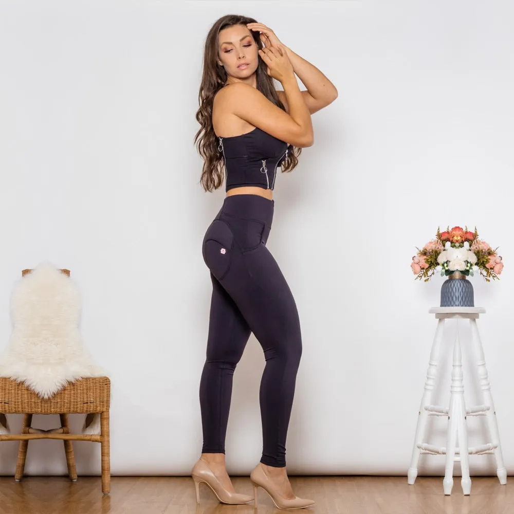 Women's Black Cotton Zipper Crop Top High Waist Butt Lift Leggings 2pc Set