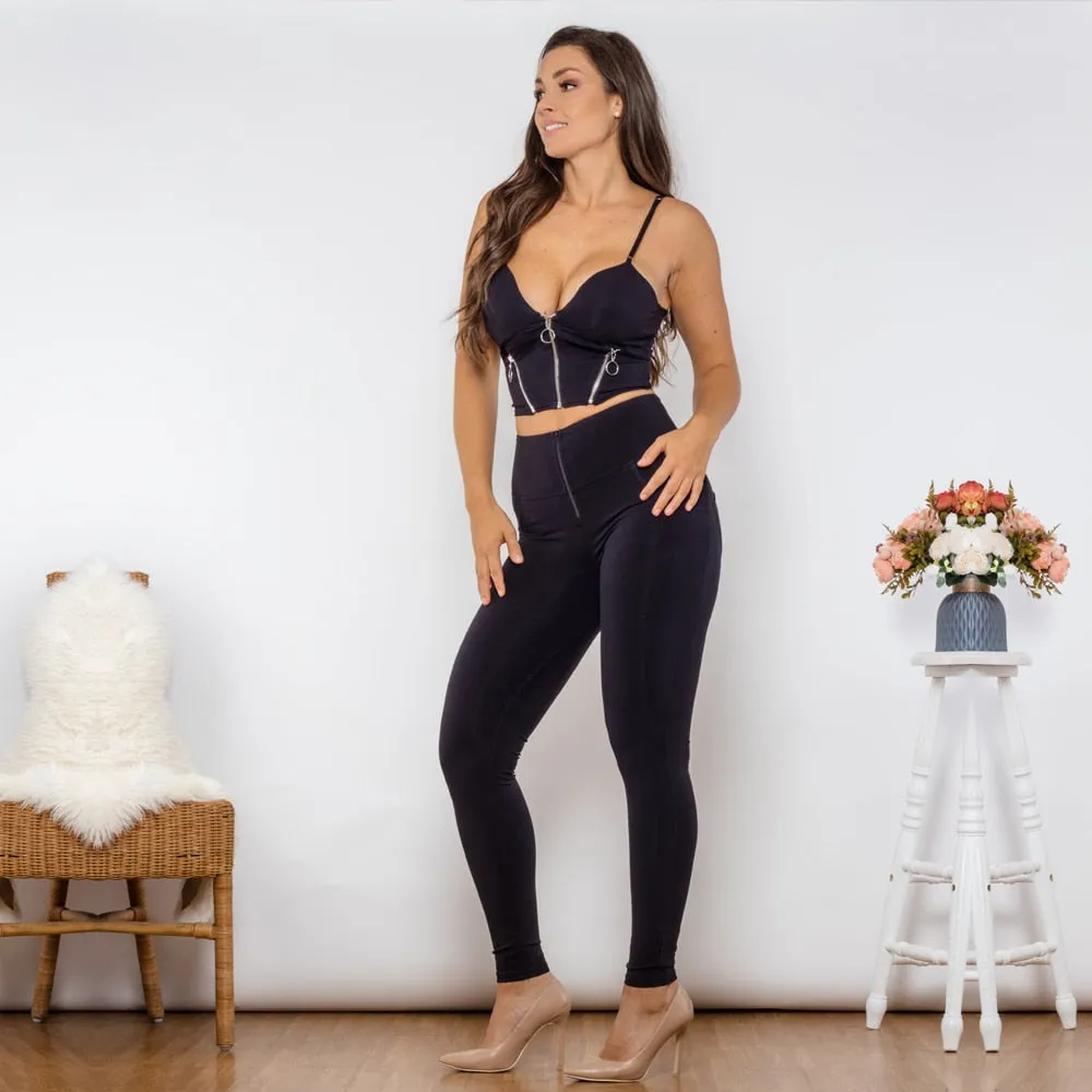 Women's Black Cotton Zipper Push-Up Top High Waist Butt Lift Leggings Set