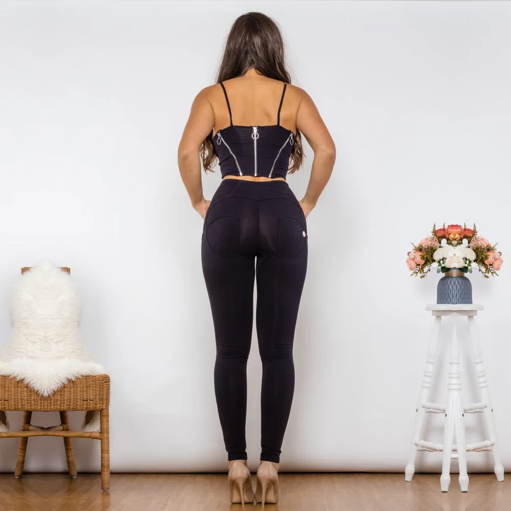 Women's Black Cotton Zipper Push-Up Top High Waist Butt Lift Leggings Set