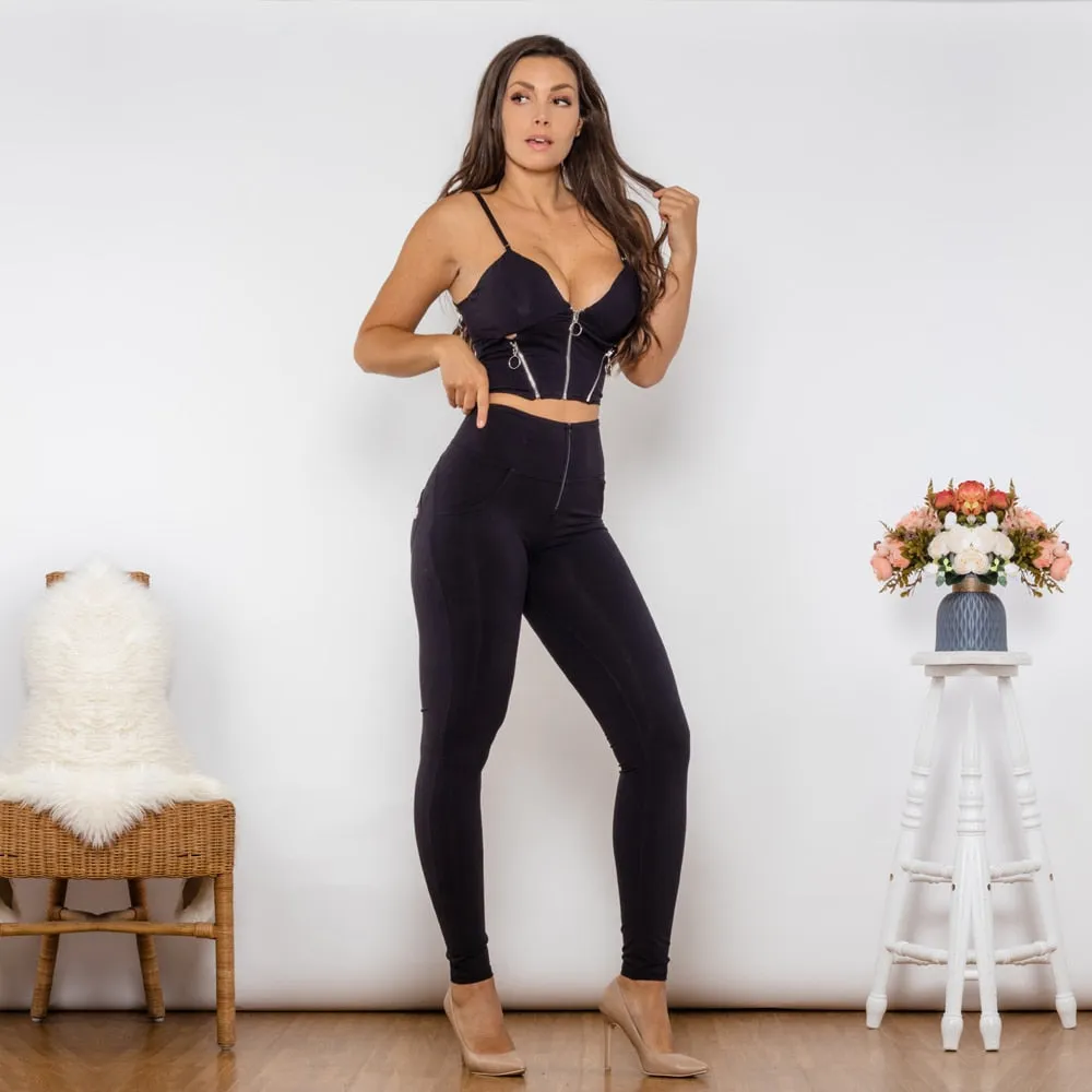 Women's Black Cotton Zipper Push-Up Top High Waist Butt Lift Leggings Set