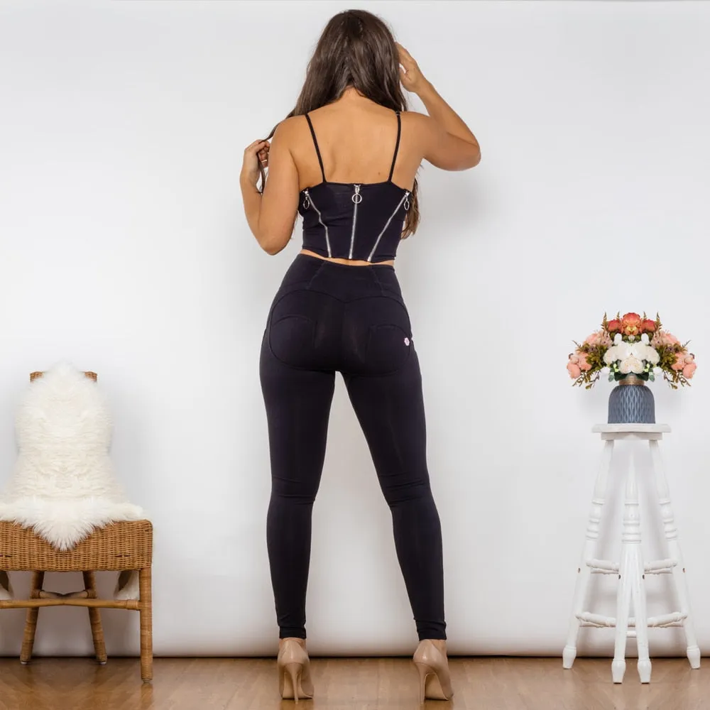 Women's Black Cotton Zipper Push-Up Top High Waist Butt Lift Leggings Set