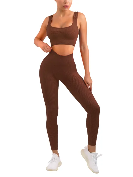 Women's Sexy 2 Piece Workout Suit-Seamless Ribbed Leggings and Square Cut Sports Bra Yoga Sportswear Set