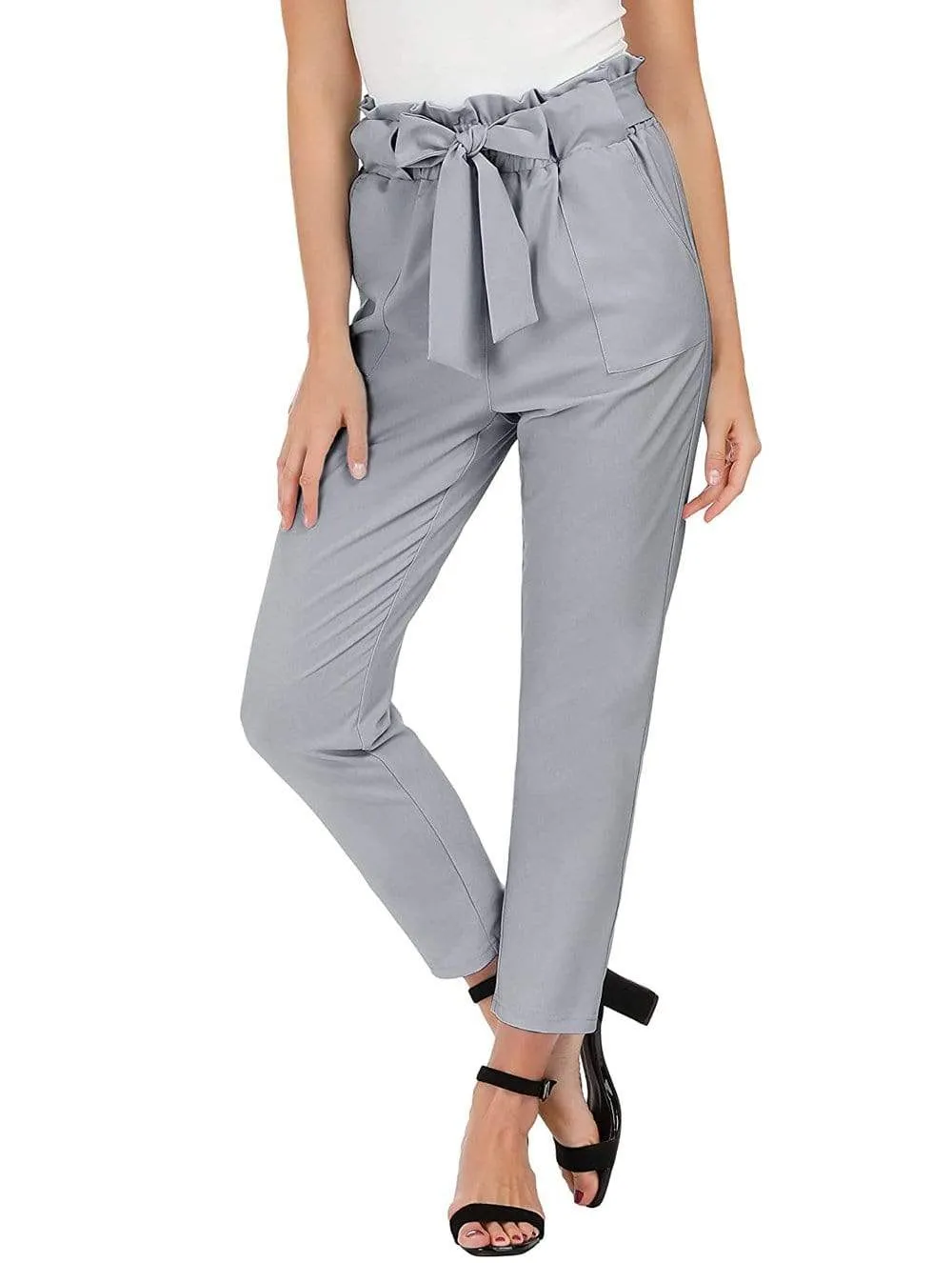 Women's Tie Belt High Paper Bag Waist Slim Pull On Pant