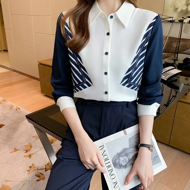 Women's Vintage Chiffon Casual Midweight Turn-down Collar Blouse