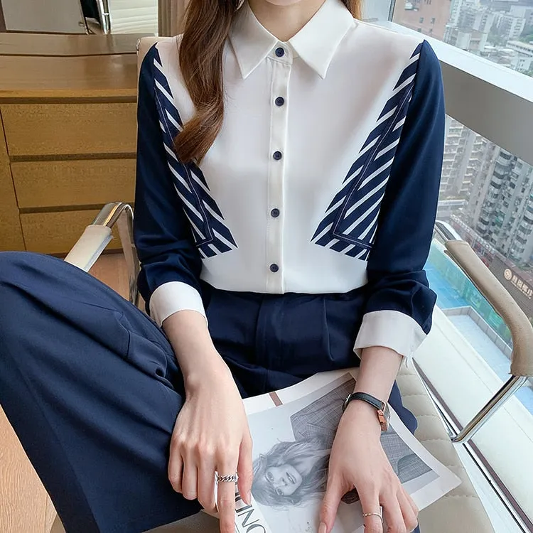 Women's Vintage Chiffon Casual Midweight Turn-down Collar Blouse