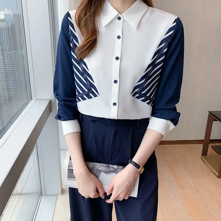 Women's Vintage Chiffon Casual Midweight Turn-down Collar Blouse