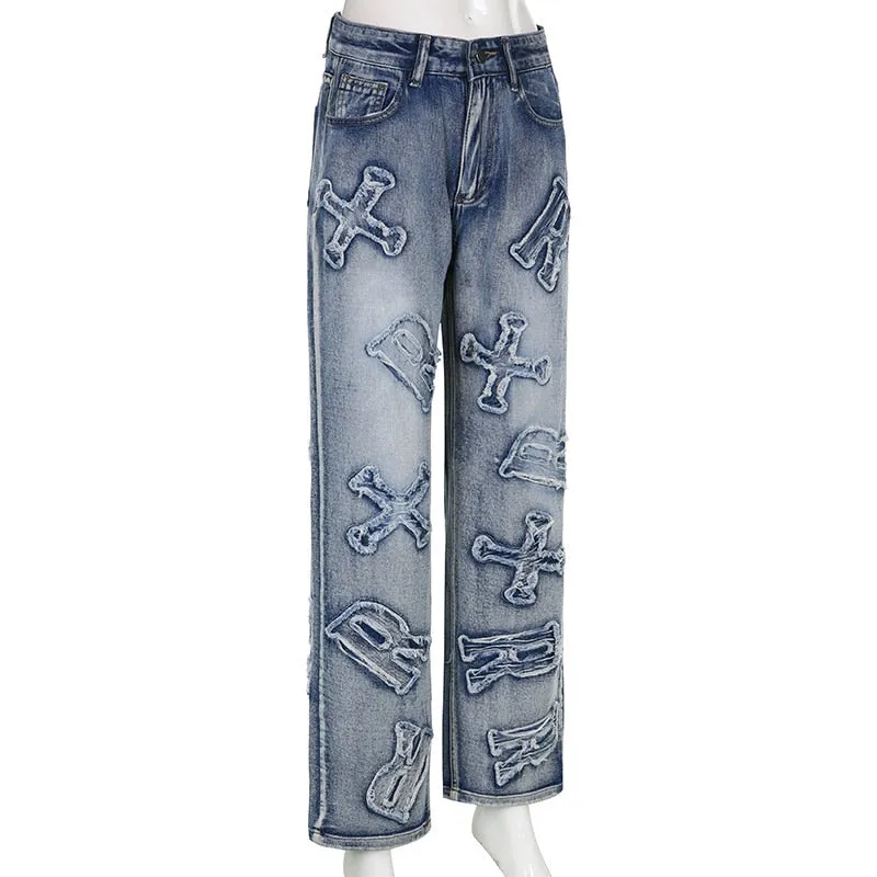 Women's Vintage Denim High Waist Wide Straight Leg Patchwork Loose Pants