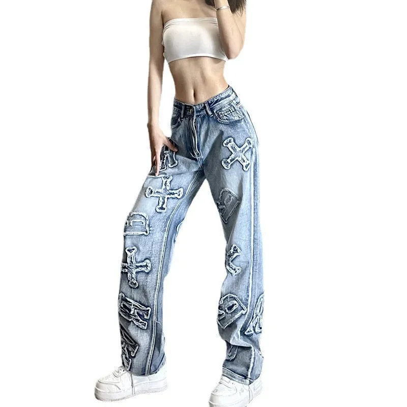 Women's Vintage Denim High Waist Wide Straight Leg Patchwork Loose Pants