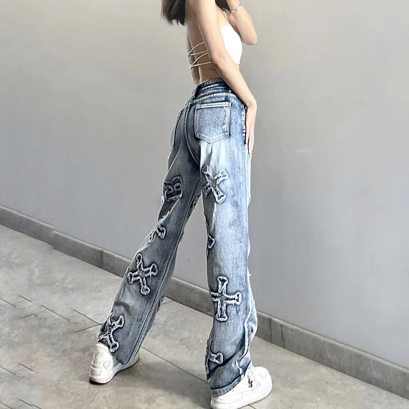 Women's Vintage Denim High Waist Wide Straight Leg Patchwork Loose Pants