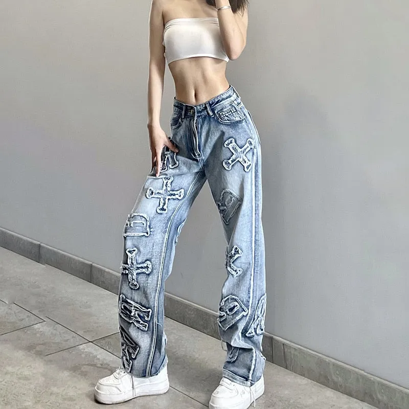 Women's Vintage Denim High Waist Wide Straight Leg Patchwork Loose Pants