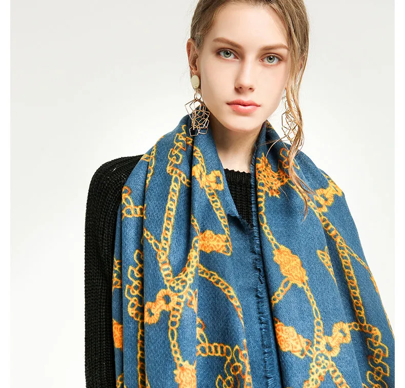 Women's Warm Winter Cashmere Chain Belts Printed Wraps Shawls