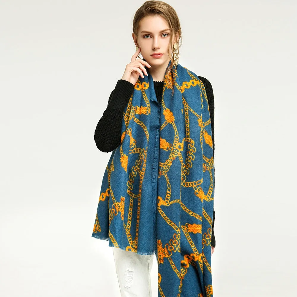 Women's Warm Winter Cashmere Chain Belts Printed Wraps Shawls