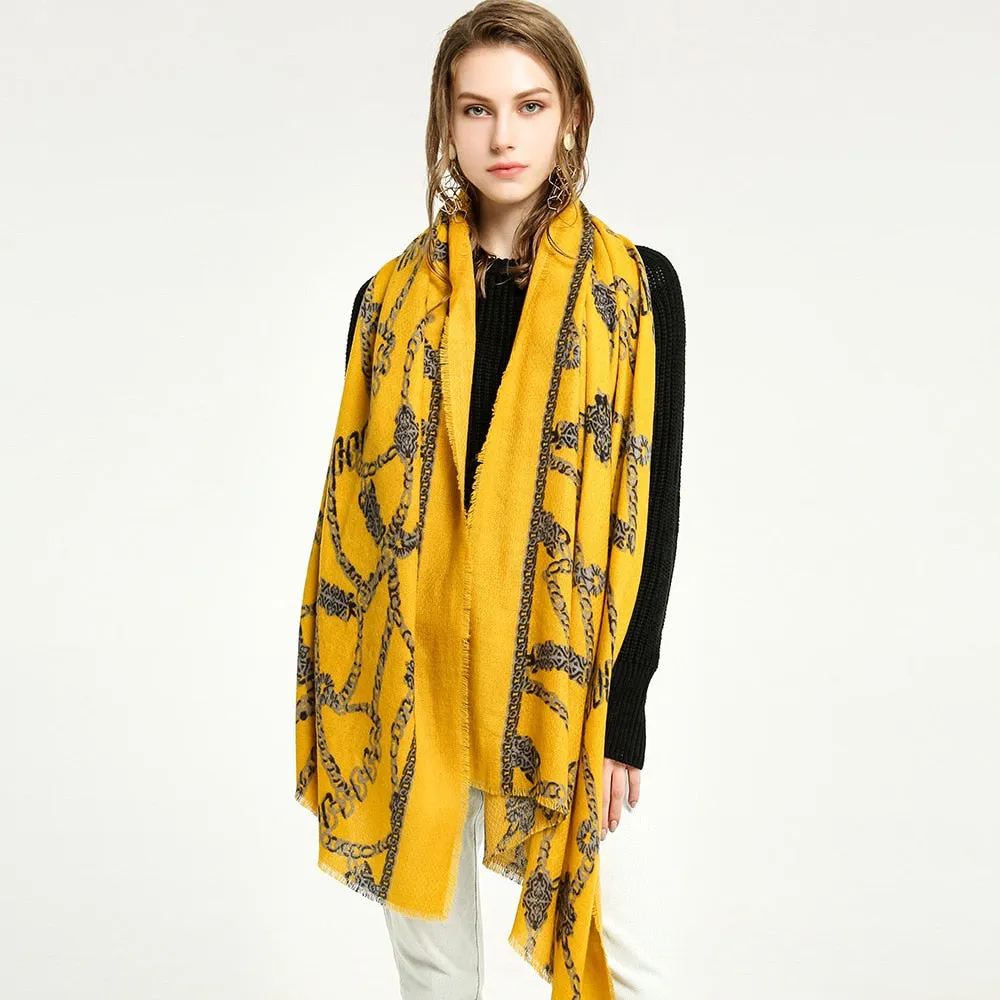 Women's Warm Winter Cashmere Chain Belts Printed Wraps Shawls