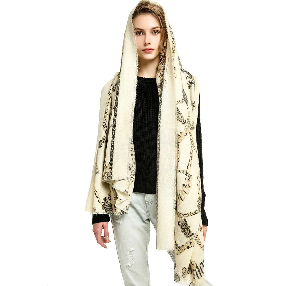 Women's Warm Winter Cashmere Chain Belts Printed Wraps Shawls