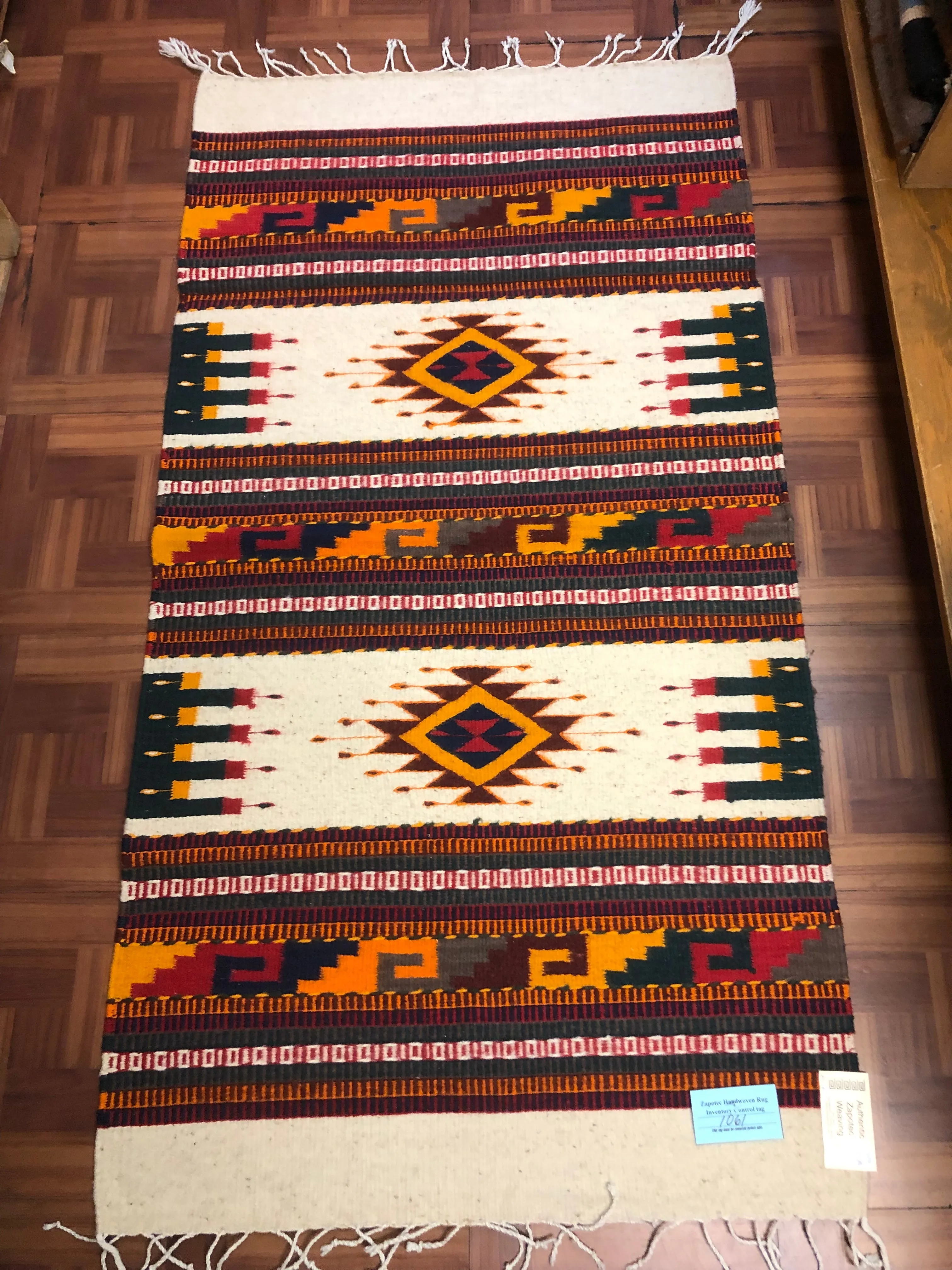 Zapotec handwoven wool rug.  Dos Estrellas. 1061